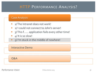 © SecurActive 2013 36 
HTTP PERFORMANCEANALYSIS? 
1/ The Intranet does not work! 
2/ I could not connect to John's server! 
3/ This f...... application fails every other time! 
4/ It is so slow! 
5/ I’m stuck in the middle of nowhere! 
Case Analysis 
Interactive Demo 
Q&A  