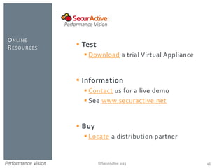 © SecurActive 2013 
ONLINERESOURCES 
45 
Test 
Downloada trial Virtual Appliance 
Information 
Contactus for a live demo 
See www.securactive.net 
Buy 
Locatea distribution partner  