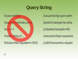 Query String
?acao=editar               /usuarios?grupo=adm

?pagina=contato.php        /posts?categoria=php

?erro=1                    /cidades?estado=RS

?redir=http://...          /veiculos?tipo=passeio

?titulo=Me+Ajudem+SOS      /cafe?tamanho=duplo


37
 