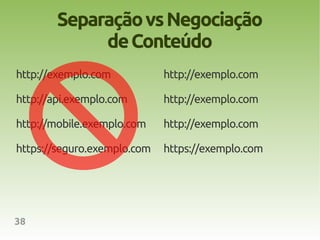 Separação vs Negociação
             de Conteúdo
http://exemplo.com           http://exemplo.com

http://api.exemplo.com       http://exemplo.com

http://mobile.exemplo.com    http://exemplo.com

https://seguro.exemplo.com   https://exemplo.com




38
 