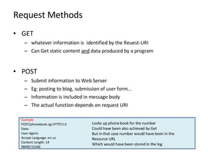Request Methods <ul><li>GET  </li></ul><ul><ul><li>whatever information is  identified by the Reuest-URI </li></ul></ul><u...
