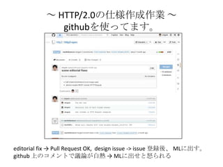 ～ HTTP/2.0の仕様作成作業 ～
githubを使ってます。
editorial fix → Pull Request OK, design issue -> issue 登録後、 MLに出す。
github 上のコメントで議論が白熱 → MLに出せと怒られる
 