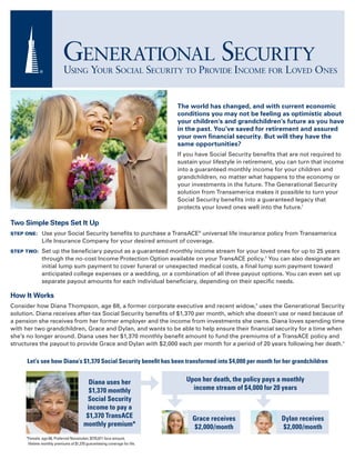 Generational Security
                            Using Your Social Security to Provide Income for Loved Ones


                                                                            The world has changed, and with current economic
                                                                            conditions you may not be feeling as optimistic about
                                                                            your children’s and grandchildren’s future as you have
                                                                            in the past. You’ve saved for retirement and assured
                                                                            your own financial security. But will they have the
                                                                            same opportunities?
                                                                            If you have Social Security benefits that are not required to
                                                                            sustain your lifestyle in retirement, you can turn that income
                                                                            into a guaranteed monthly income for your children and
                                                                            grandchildren, no matter what happens to the economy or
                                                                            your investments in the future. The Generational Security
                                                                            solution from Transamerica makes it possible to turn your
                                                                            Social Security benefits into a guaranteed legacy that
                                                                            protects your loved ones well into the future.1

Two Simple Steps Set It Up
Step One:	    U
               se your Social Security benefits to purchase a TransACE® universal life insurance policy from Transamerica
              Life Insurance Company for your desired amount of coverage.
Step Two:	  et
           S       up the beneficiary payout as a guaranteed monthly income stream for your loved ones for up to 25 years
              through the no-cost Income Protection Option available on your TransACE policy.2 You can also designate an
              initial lump sum payment to cover funeral or unexpected medical costs, a final lump sum payment toward
              anticipated college expenses or a wedding, or a combination of all three payout options. You can even set up
              separate payout amounts for each individual beneficiary, depending on their specific needs.

How It Works
Consider how Diana Thompson, age 68, a former corporate executive and recent widow,3 uses the Generational Security
solution. Diana receives after-tax Social Security benefits of $1,370 per month, which she doesn’t use or need because of
a pension she receives from her former employer and the income from investments she owns. Diana loves spending time
with her two grandchildren, Grace and Dylan, and wants to be able to help ensure their financial security for a time when
she’s no longer around. Diana uses her $1,370 monthly benefit amount to fund the premiums of a TransACE policy and
structures the payout to provide Grace and Dylan with $2,000 each per month for a period of 20 years following her death.4


      Let’s see how Diana’s $1,370 Social Security benefit has been transformed into $4,000 per month for her grandchildren


                                          Diana uses her                       Upon her death, the policy pays a monthly
                                          $1,370 monthly                         income stream of $4,000 for 20 years
                                         Social Security
                                         income to pay a
                                         $1,370 TransACE                         Grace receives                   Dylan receives
                                        monthly premium*                          $2,000/month                    $2,000/month
     * emale, age 68, Preferred Nonsmoker, $725,671 face amount,
      F
      lifetime monthly premiums of $1,370 guaranteeing coverage for life.
 