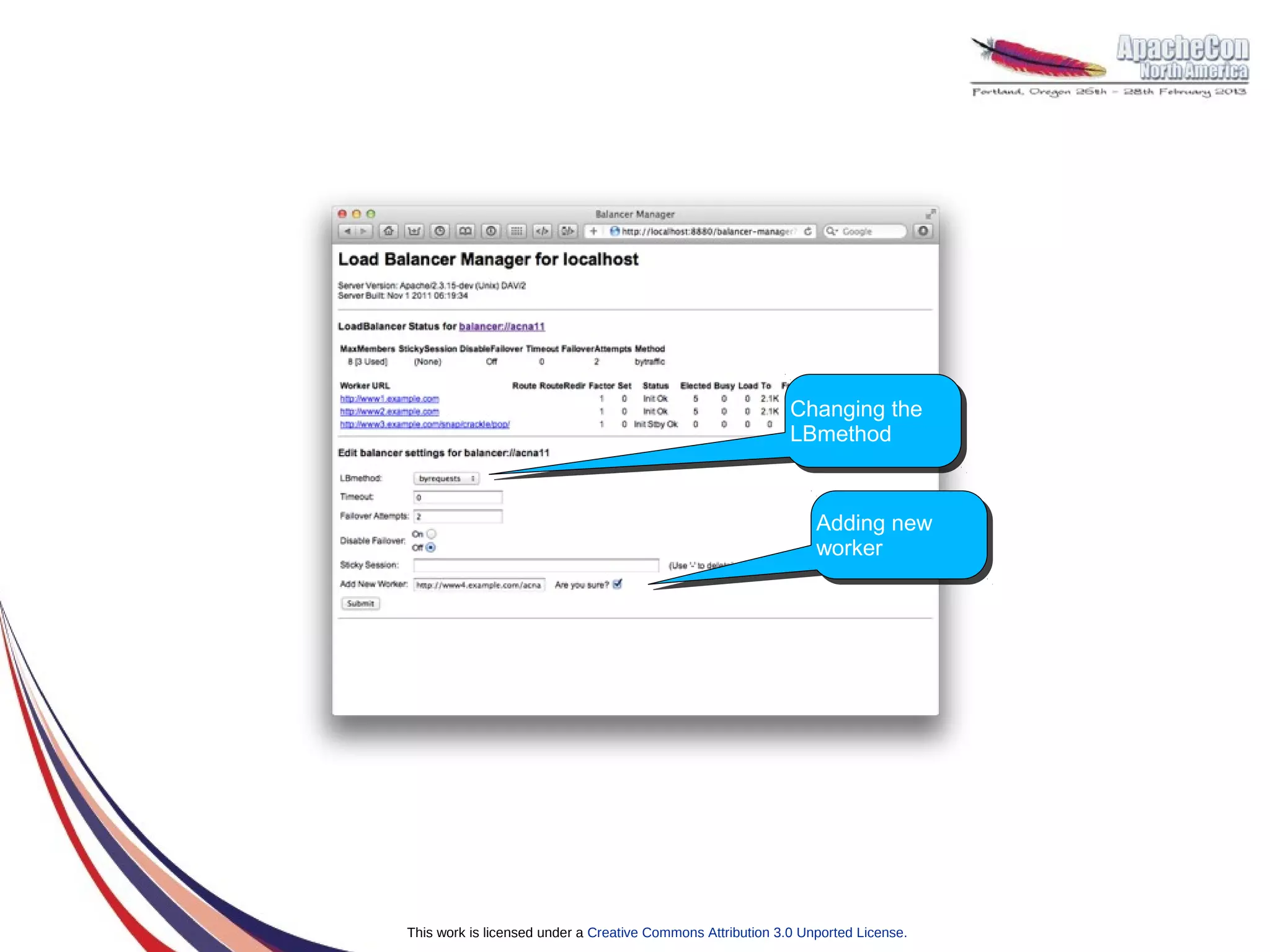 Admin




                                                                     Changing the
                                                                     Changing the
                                                                     LBmethod
                                                                     LBmethod


                                                                         Adding new
                                                                         Adding new
                                                                         worker
                                                                         worker




        This work is licensed under a Creative Commons Attribution 3.0 Unported License.
 