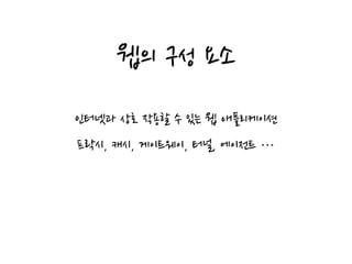 웹의 구성 요소
인터넷과 상호 작용할 수 있는 웹 애플리케이션
프락시, 캐시, 게이트웨이, 터널, 에이전트 …
 