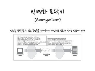 익명화 프락시
(Anonymizer)
Anonymizer (Figure 6-10)
Anonymizer proxies provide heightened privacy and anonymity, by actively
removing identifying characteristics from HTTP messages (e.g., client IP address,
From header, Referer header, cookies, URI session IDs).*
In Figure 6-10, the anonymizing proxy makes the following changes to the user’s
messages to increase privacy:
• The user’s computer and OS type is removed from the User-Agent header.
• The From header is removed to protect the user’s email address.
• The Referer header is removed to obscure other sites the user has visited.
• The Cookie headers are removed to eliminate profiling and identity data.
Figure 6-9. Proxy application example: content transcoder
Figure 6-10. Proxy application example: anonymizer
mobile phone
Client Server
GET /something/file.html HTTP/1.0
Date: Sun, 01 Oct 2000 23:25:17 GMT
User-agent: Mozilla/4.75 (Win98; U)
From: joe@joes-hardware.com
Referer: http://www.irs.gov/tax-audits.html
Cookie: profile="football,lite beer"
Cookie: income-bracket="30K-45K"
Anonymizing
proxy
GET /something/file.html HTTP/1.0
Date: Sun, 01 Oct 2000 23:25:17 GMT
User-agent: Mozilla/4.75
Anonymizedmessagedoesn’tcontainthe
commonidentifyinginformationheaders
신원을 식별할 수 있는 특성들을 제거하여 개인정보 보호와 익명 보장에 기여
 