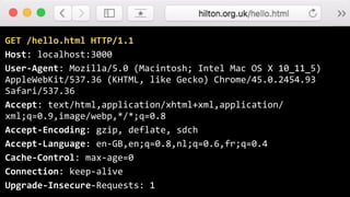 GET	/hello.html	HTTP/1.1	
Host:	localhost:3000	
User-Agent:	Mozilla/5.0	(Macintosh;	Intel	Mac	OS	X	10_11_5)	
AppleWebKit/537.36	(KHTML,	like	Gecko)	Chrome/45.0.2454.93	
Safari/537.36	
Accept:	text/html,application/xhtml+xml,application/
xml;q=0.9,image/webp,*/*;q=0.8	
Accept-Encoding:	gzip,	deflate,	sdch	
Accept-Language:	en-GB,en;q=0.8,nl;q=0.6,fr;q=0.4	
Cache-Control:	max-age=0	
Connection:	keep-alive	
Upgrade-Insecure-Requests:	1
 