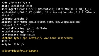 POST	/form	HTTP/1.1	
Host:	localhost:3000	
User-Agent:	Mozilla/5.0	(Macintosh;	Intel	Mac	OS	X	10_11_5)	
AppleWebKit/601.6.17	(KHTML,	like	Gecko)	Version/9.1.1	Safari/
601.6.17	
Content-Length:	24	
Accept:	text/html,application/xhtml+xml,application/
xml;q=0.9,*/*;q=0.8	
Accept-Encoding:	gzip,	deflate	
Accept-Language:	en-us	
Connection:	keep-alive	
Content-Type:	application/x-www-form-urlencoded	
Dnt:	1	
Origin:	file://	
colour=blue&fruit=banana	
 