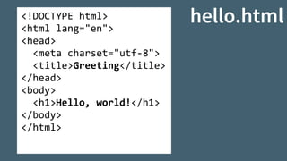 <!DOCTYPE	html>	
<html	lang="en">	
<head>	
		<meta	charset="utf-8">	
		<title>Greeting</title>	
</head>	
<body>	
		<h1>Hello,	world!</h1>	
</body>	
</html>
http://hilton.org.uk/hello.html
 