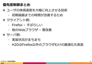 Copyright (C) 2016 DeNA Co.,Ltd. All Rights Reserved.
優先度制御まとめ
 ユーザの体感速度を大幅に向上させる技術
⁃ 初期描画までの時間が改善するため
 クライアント側:
⁃ Firefox – すばらしい
⁃ 他のWebブラウザ – 要改善
 サーバ側:
⁃ 実装状況がまちまち
⁃ H2OはFirefox以外のブラウザむけの最適化も実装
49HTTPとサーバ技術の最新動向
 