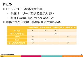 Copyright (C) 2016 DeNA Co.,Ltd. All Rights Reserved.
まとめ
 HTTPとサーバ技術は進化中
⁃ 現在は、サーバによる差が大きい
⁃ 短期的な解に振り回されないこと
 評価にあたっては、影響範囲に注意が必要
91HTTPとサーバ技術の最新動向
サーバ負荷 転送データ量 応答性 設定・運用コスト
HTTP/2 ✓ ✓ ✓
サーバプッシュ ✓
HTTPS ✓ ✓
Brotli ✓ ✓
サーバ内スクリプト ✓ ✓
 