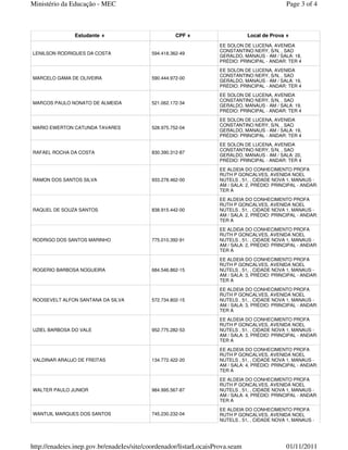 Ministério da Educação - MEC                                                                    Page 3 of 4



               Estudante                             CPF                       Local de Prova
                                                                    EE SOLON DE LUCENA, AVENIDA
                                                                    CONSTANTINO NERY, S/N, , SAO
LENILSON RODRIGUES DA COSTA                594.418.362-49
                                                                    GERALDO, MANAUS - AM / SALA: 18,
                                                                    PRÉDIO: PRINCIPAL - ANDAR: TER 4
                                                                    EE SOLON DE LUCENA, AVENIDA
                                                                    CONSTANTINO NERY, S/N, , SAO
MARCELO GAMA DE OLIVEIRA                   590.444.972-00
                                                                    GERALDO, MANAUS - AM / SALA: 19,
                                                                    PRÉDIO: PRINCIPAL - ANDAR: TER 4
                                                                    EE SOLON DE LUCENA, AVENIDA
                                                                    CONSTANTINO NERY, S/N, , SAO
MARCOS PAULO NONATO DE ALMEIDA             521.062.172-34
                                                                    GERALDO, MANAUS - AM / SALA: 19,
                                                                    PRÉDIO: PRINCIPAL - ANDAR: TER 4
                                                                    EE SOLON DE LUCENA, AVENIDA
                                                                    CONSTANTINO NERY, S/N, , SAO
MARIO EWERTON CATUNDA TAVARES              528.975.752-04
                                                                    GERALDO, MANAUS - AM / SALA: 19,
                                                                    PRÉDIO: PRINCIPAL - ANDAR: TER 4
                                                                    EE SOLON DE LUCENA, AVENIDA
                                                                    CONSTANTINO NERY, S/N, , SAO
RAFAEL ROCHA DA COSTA                      830.390.312-87
                                                                    GERALDO, MANAUS - AM / SALA: 20,
                                                                    PRÉDIO: PRINCIPAL - ANDAR: TER 4
                                                                    EE ALDEIA DO CONHECIMENTO PROFA
                                                                    RUTH P GONCALVES, AVENIDA NOEL
RAMON DOS SANTOS SILVA                     933.278.462-00           NUTELS , 51, , CIDADE NOVA 1, MANAUS -
                                                                    AM / SALA: 2, PRÉDIO: PRINCIPAL - ANDAR:
                                                                    TER A
                                                                    EE ALDEIA DO CONHECIMENTO PROFA
                                                                    RUTH P GONCALVES, AVENIDA NOEL
RAQUEL DE SOUZA SANTOS                     838.915.442-00           NUTELS , 51, , CIDADE NOVA 1, MANAUS -
                                                                    AM / SALA: 2, PRÉDIO: PRINCIPAL - ANDAR:
                                                                    TER A
                                                                    EE ALDEIA DO CONHECIMENTO PROFA
                                                                    RUTH P GONCALVES, AVENIDA NOEL
RODRIGO DOS SANTOS MARINHO                 775.010.392-91           NUTELS , 51, , CIDADE NOVA 1, MANAUS -
                                                                    AM / SALA: 2, PRÉDIO: PRINCIPAL - ANDAR:
                                                                    TER A
                                                                    EE ALDEIA DO CONHECIMENTO PROFA
                                                                    RUTH P GONCALVES, AVENIDA NOEL
ROGERIO BARBOSA NOGUEIRA                   684.546.862-15           NUTELS , 51, , CIDADE NOVA 1, MANAUS -
                                                                    AM / SALA: 3, PRÉDIO: PRINCIPAL - ANDAR:
                                                                    TER A
                                                                    EE ALDEIA DO CONHECIMENTO PROFA
                                                                    RUTH P GONCALVES, AVENIDA NOEL
ROOSEVELT ALFON SANTANA DA SILVA           572.734.802-15           NUTELS , 51, , CIDADE NOVA 1, MANAUS -
                                                                    AM / SALA: 3, PRÉDIO: PRINCIPAL - ANDAR:
                                                                    TER A
                                                                    EE ALDEIA DO CONHECIMENTO PROFA
                                                                    RUTH P GONCALVES, AVENIDA NOEL
UZIEL BARBOSA DO VALE                      952.775.282-53           NUTELS , 51, , CIDADE NOVA 1, MANAUS -
                                                                    AM / SALA: 3, PRÉDIO: PRINCIPAL - ANDAR:
                                                                    TER A
                                                                    EE ALDEIA DO CONHECIMENTO PROFA
                                                                    RUTH P GONCALVES, AVENIDA NOEL
VALDINAR ARAUJO DE FREITAS                 134.772.422-20           NUTELS , 51, , CIDADE NOVA 1, MANAUS -
                                                                    AM / SALA: 4, PRÉDIO: PRINCIPAL - ANDAR:
                                                                    TER A
                                                                    EE ALDEIA DO CONHECIMENTO PROFA
                                                                    RUTH P GONCALVES, AVENIDA NOEL
WALTER PAULO JUNIOR                        984.995.567-87           NUTELS , 51, , CIDADE NOVA 1, MANAUS -
                                                                    AM / SALA: 4, PRÉDIO: PRINCIPAL - ANDAR:
                                                                    TER A
                                                                    EE ALDEIA DO CONHECIMENTO PROFA
WANTUIL MARQUES DOS SANTOS                 745.230.232-04           RUTH P GONCALVES, AVENIDA NOEL
                                                                    NUTELS , 51, , CIDADE NOVA 1, MANAUS -




http://enadeies.inep.gov.br/enadeIes/site/coordenador/listarLocaisProva.seam                    01/11/2011
 