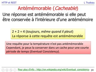 L Trudeau
Antémémorable (Cacheable)
14
HTTP et REST
Une réponse est antémémorable si elle peut
être conservée à l’intérieure d’une antémémoire
2 + 2 = 4 (toujours, même quand il pleut)
La réponse à cette requête est antémémorable
Une requête pour la température n’est pas antémémorable
Cependant, je peux la conserver dans un cache pour une courte
période de temps (Eventual Consistency).
Pour plus d’info : http://en.wikipedia.org/wiki/Eventual_consistency
 