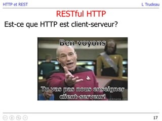 L Trudeau
RESTful HTTP
17
HTTP et REST
Est-ce que HTTP est client-serveur?
 