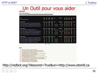 L Trudeau
Un Outil pour vous aider
20
HTTP et REST
http://redbot.org/?descend=True&uri=http://www.etsmtl.ca
 