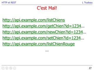 L Trudeau
C’est Mal!
27
HTTP et REST
http://api.example.com/listChiens
http://api.example.com/getChien?id=1234…
http://api.example.com/newChien?id=1234…
http://api.example.com/setChien?id=1234…
http://api.example.com/listChienRouge
…
 