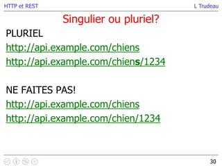 L Trudeau
Singulier ou pluriel?
30
HTTP et REST
PLURIEL
http://api.example.com/chiens
http://api.example.com/chiens/1234
NE FAITES PAS!
http://api.example.com/chiens
http://api.example.com/chien/1234
 