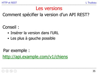 L Trudeau
Les versions
35
HTTP et REST
Comment spécifier la version d’un API REST?
Conseil :
 Insérer la version dans l’URL
 Les plus à gauche possible
Par exemple :
http://api.example.com/v1/chiens
 