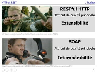 L Trudeau
4
HTTP et REST
Ref: http://www.comicvine.com/forums/battles-7/legolas-vs-hawkeye-movie-versions-752101/
RESTful HTTP
Extensibilité
Attribut de qualité principale
http://images1.wikia.nocookie.net/__cb20111011203834/marvelmovies/images/f/f0/Hawkeye_avengers_movie.JPG
SOAP
Interopérabilité
Attribut de qualité principale
 