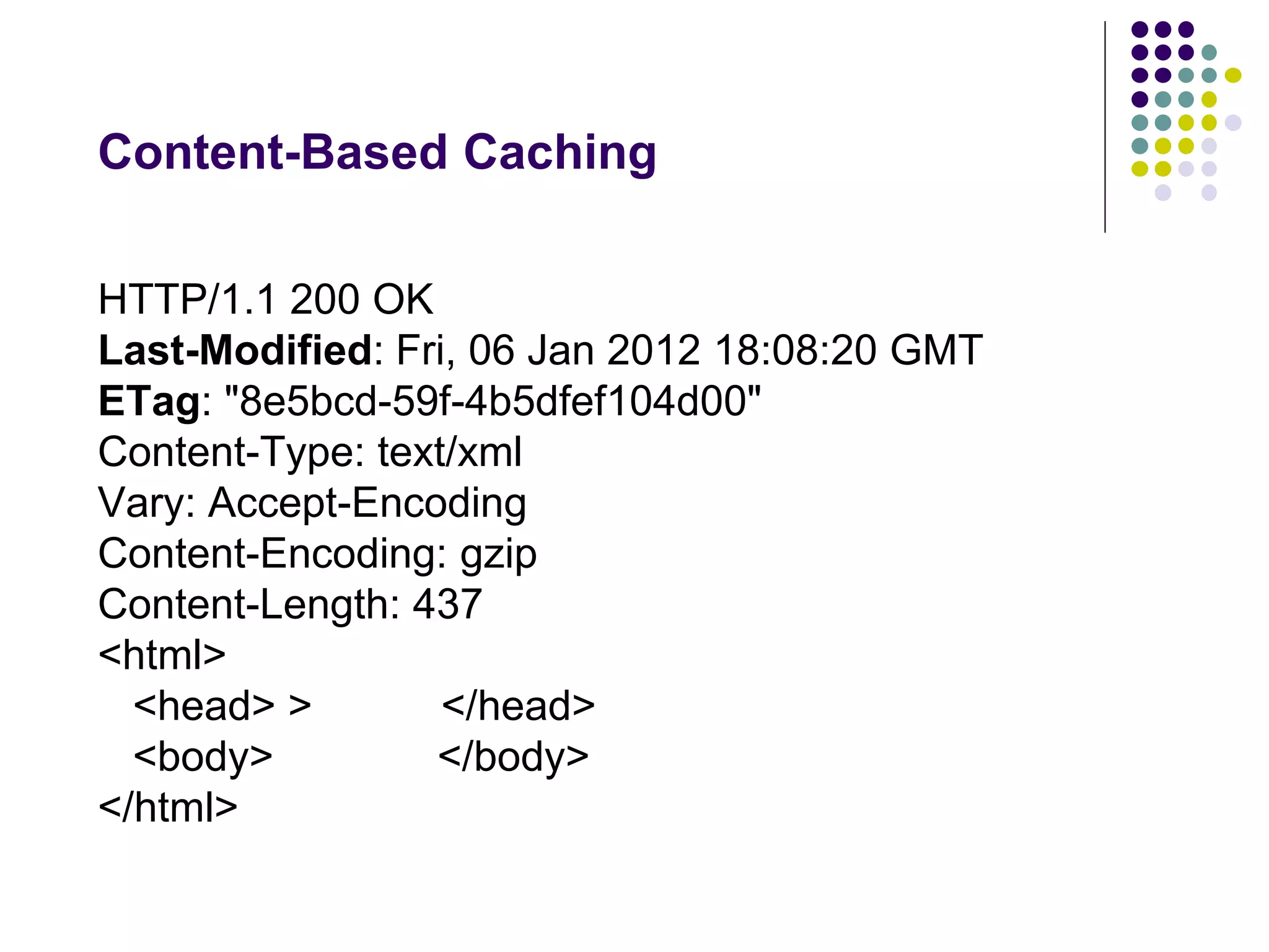 Content-Based Caching 
HTTP/1.1 200 OK 
Last-Modified: Fri, 06 Jan 2012 18:08:20 GMT 
ETag: "8e5bcd-59f-4b5dfef104d00" 
Content-Type: text/xml 
Vary: Accept-Encoding 
Content-Encoding: gzip 
Content-Length: 437 
<html> 
<head> > </head> 
<body> </body> 
</html> 
 