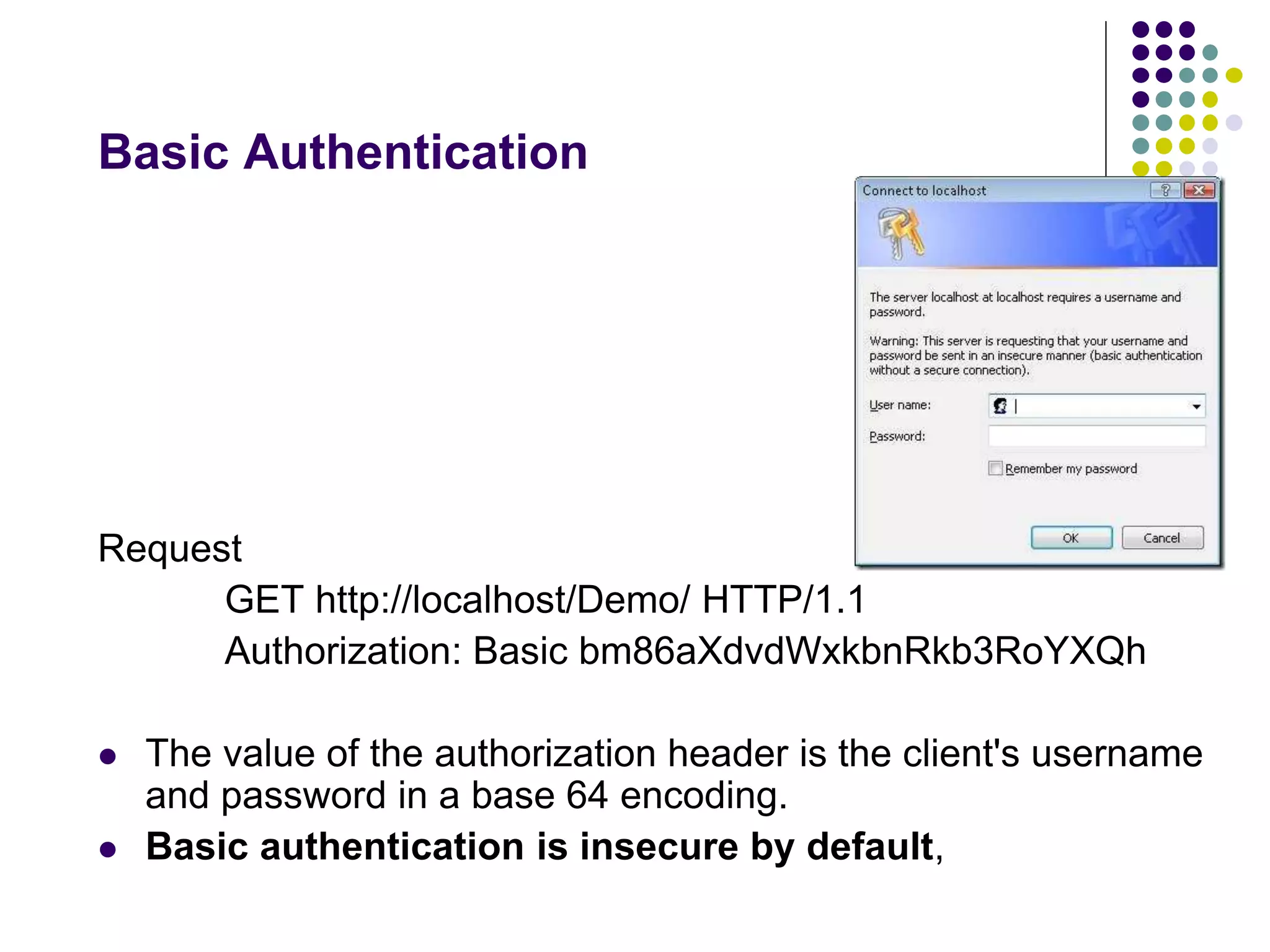 Basic Authentication 
Request 
GET http://localhost/Demo/ HTTP/1.1 
Authorization: Basic bm86aXdvdWxkbnRkb3RoYXQh 
 The value of the authorization header is the client's username 
and password in a base 64 encoding. 
 Basic authentication is insecure by default, 
 