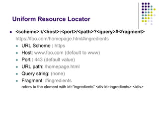Uniform Resource Locator 
 <scheme>://<host>:<port>/<path>?<query>#<fragment> 
https://foo.com/homepage.html#ingredients 
 URL Scheme : https 
 Host: www.foo.com (default to www) 
 Port : 443 (default value) 
 URL path: /homepage.html 
 Query string: (none) 
 Fragment: #ingredients 
refers to the element with id=“ingredients“ <div id=ingredients> </div> 
 