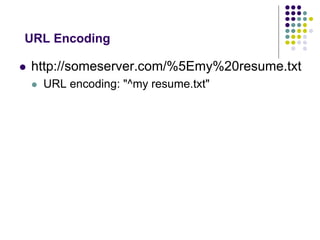 URL Encoding 
 http://someserver.com/%5Emy%20resume.txt 
 URL encoding: "^my resume.txt" 
 