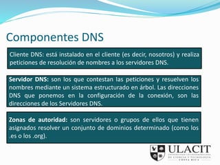 Componentes DNS 
Cliente DNS: está instalado en el cliente (es decir, nosotros) y realiza 
peticiones de resolución de nom...