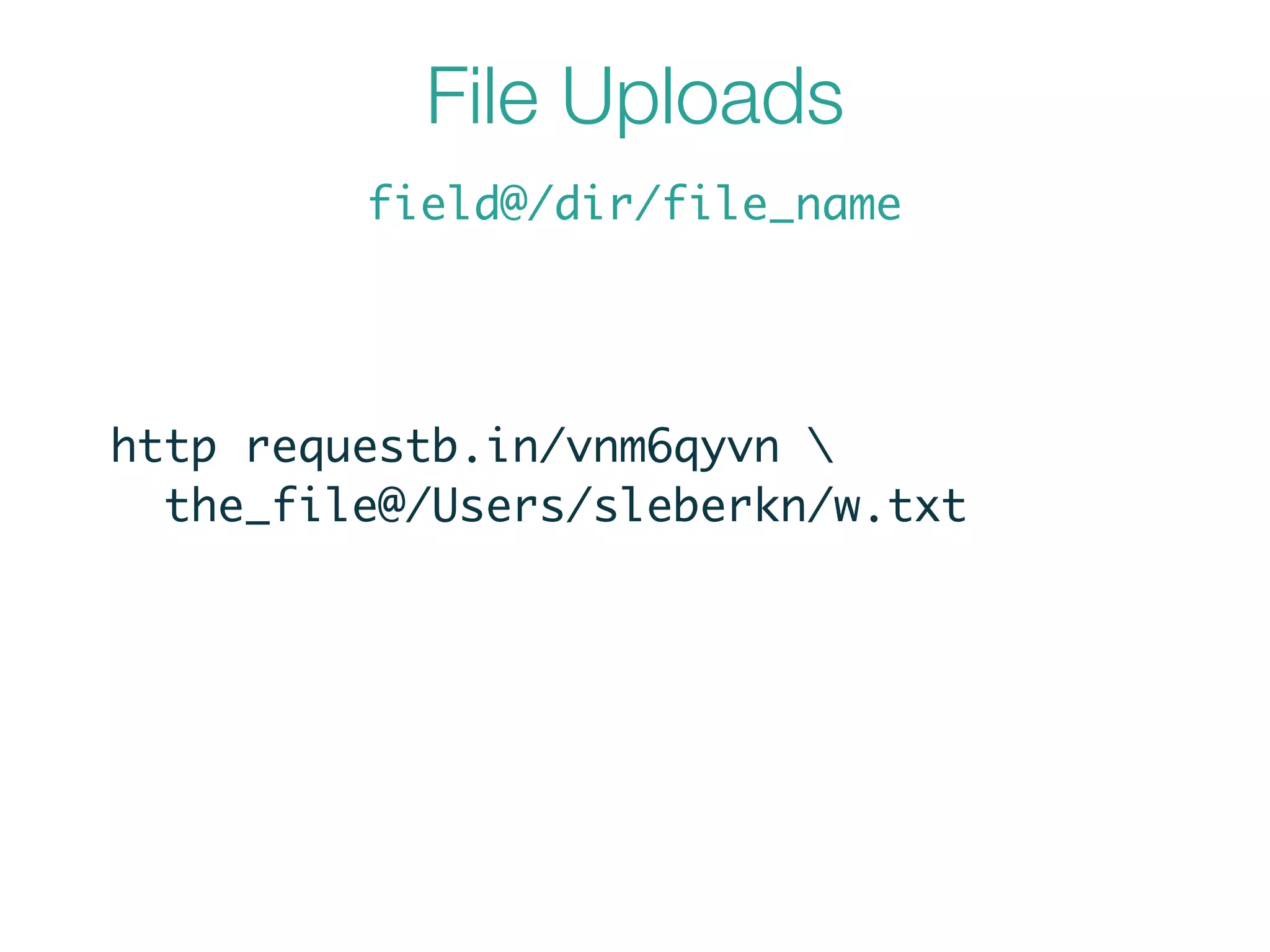 File Uploads
field@/dir/file_name
http requestb.in/vnm6qyvn 	
the_file@/Users/sleberkn/w.txt
 