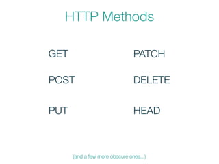 HTTP Methods
GET
POST
PUT
PATCH
DELETE
HEAD
(and a few more obscure ones...)
 