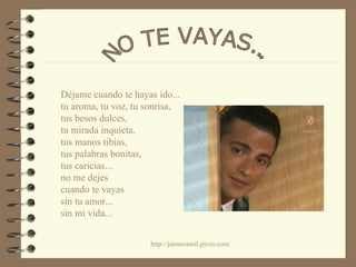 Déjame cuando te hayas ido...  tu aroma, tu voz, tu sonrisa,  tus besos dulces,  tu mirada inquieta.  tus manos tibias,  tus palabras bonitas,  tus caricias...  no me dejes  cuando te vayas  sin tu amor...  sin mi vida... NO TE VAYAS... 