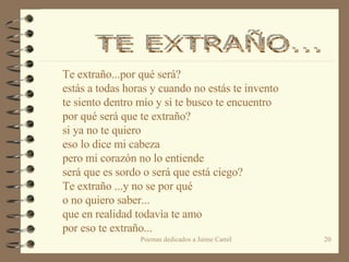 Te extraño...por qué será? estás a todas horas y cuando no estás te invento te siento dentro mío y si te busco te encuentro por qué será que te extraño? si ya no te quiero eso lo dice mi cabeza pero mi corazón no lo entiende será que es sordo o será que está ciego? Te extraño ...y no se por qué o no quiero saber... que en realidad todavìa te amo por eso te extraño... TE EXTRAÑO...  