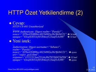 21.01.2023
Ozan Eren BİLGEN (oe@oebilgen.com)
12
HTTP Özet Yetkilendirme (2)
 Cevap:
HTTP/1.0 401 Unauthorized
...
WWW-Au...
