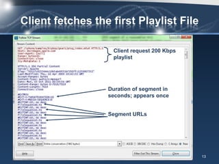 Client fetches the first Playlist File

                            Client request 200 Kbps
                            playlist




                      Duration of segment in
                      seconds; appears once


                      Segment URLs




November 8, 2011     Auro                             13
 