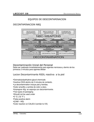 LECCION       03                                           Decontaminación Masiva


                  EQUIPOS DE DESCONTAMINACION

DECONTAMINACION NBQ




Decontaminación Inicial del Personal
Debe ser realizada inmediatamente para agentes nerviosos y dentro de los
primeros 2 minutos para agentes Blister

Locion Decontaminante RSDL reactiva a la piel

•Oximate/polyethylene glycol chemicals
•Inactiva CWA dentro de 2 minutos de contacto.
•La decontamination incluye piel y heridas.
•Color amarillo y cambia de color a claro.
•Impregnar 45g en esponja con decontaminante.
•Two types of packaging
•Should not be used under
•0 °C ( 32 °F )
•False positive alarm
•(CAM – HD)
•Color reaction on CALID-3 (similar to VX)



OPAQ - Colombia                                                               3-14
 
