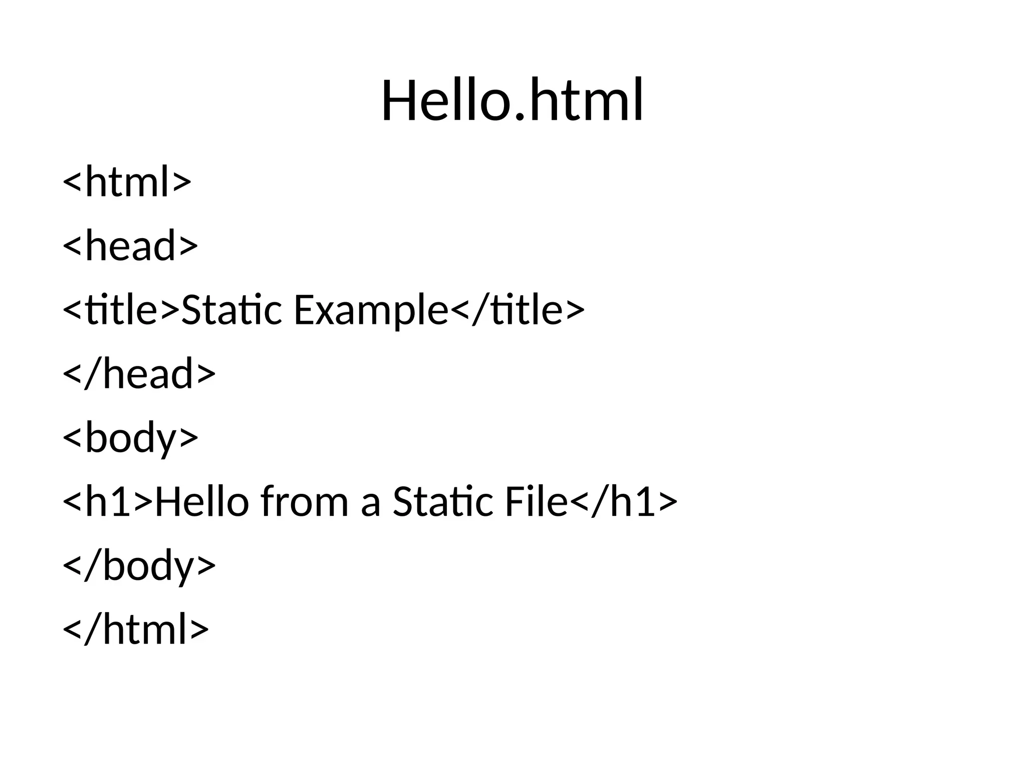 Hello.html
<html>
<head>
<title>Static Example</title>
</head>
<body>
<h1>Hello from a Static File</h1>
</body>
</html>
 
