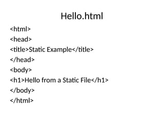 Hello.html
<html>
<head>
<title>Static Example</title>
</head>
<body>
<h1>Hello from a Static File</h1>
</body>
</html>
 
