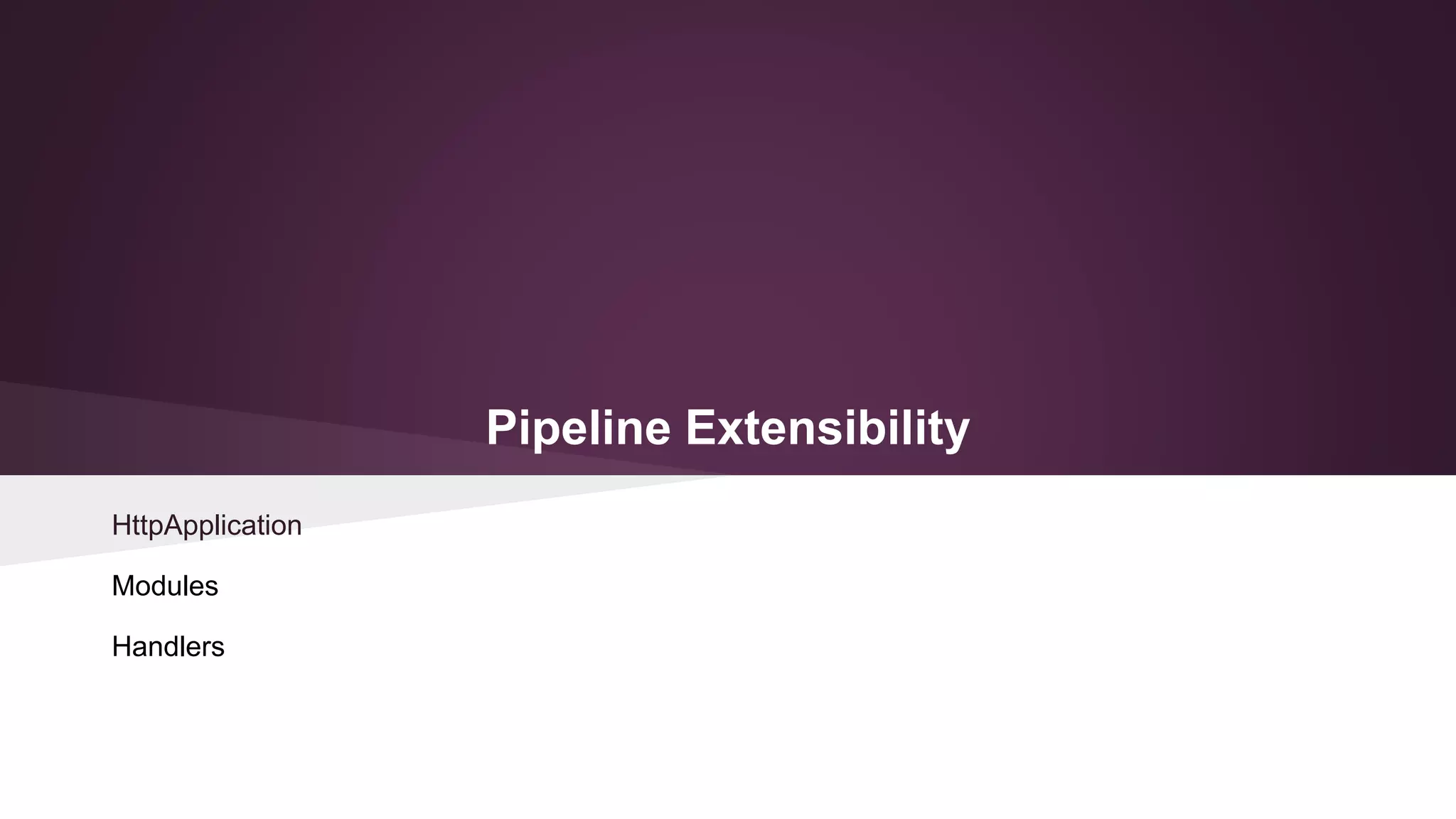 Pipeline Extensibility
HttpApplication
Modules
Handlers
 