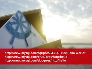 http://new.mysql.com/sql/pres/SELECT%20'Hello World!' 
http://new.mysql.com/crud/pres/http/hello 
http://new.mysql.com/doc...