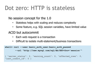 Dot zero: HTTP is stateless 
No session concept for the 1.0 
• Stateless helps with scaling and reduces complexity 
• Some feature, e.g. SQL session variables, have limited value 
ACID but autocommit 
• Each web request is a transaction 
• Difficult to isolate multi-statement/business transactions 
shell> curl --user basic_auth_user:basic_auth_passwd 
--url "http://new.mysql.com/sql/db/SET+@no='session'" 
{ "server_status": 2, "warning_count": 0, "affected_rows": 0, 
"last_insert_id": 0 } 
 