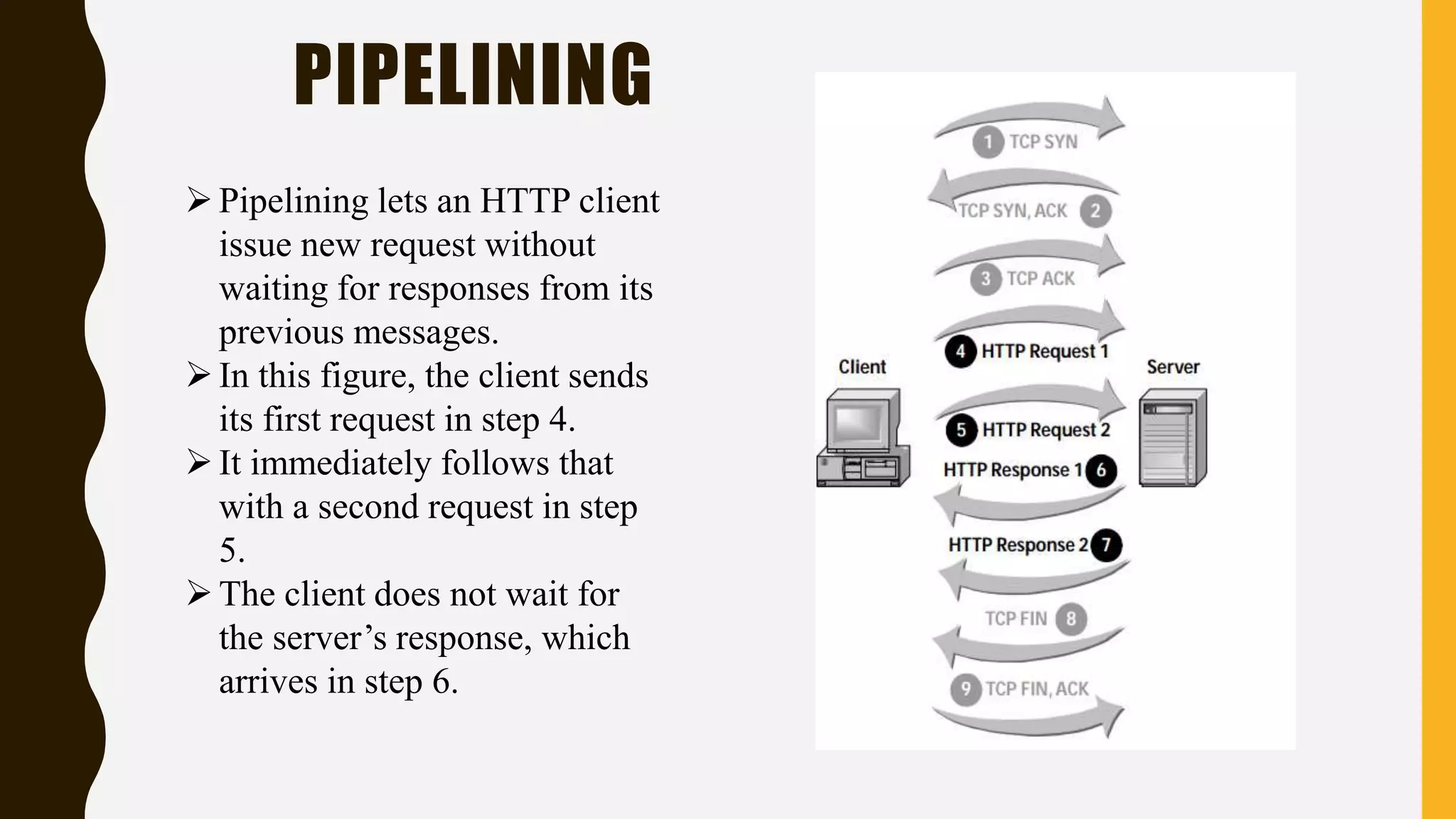PIPELINING
Pipelining lets an HTTP client
issue new request without
waiting for responses from its
previous messages.
In this figure, the client sends
its first request in step 4.
It immediately follows that
with a second request in step
5.
The client does not wait for
the server’s response, which
arrives in step 6.
 