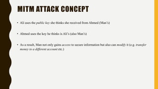 • Ali uses the public key she thinks she received from Ahmed (Man’s)
• Ahmed uses the key he thinks is Ali’s (also Man’s)
• As a result, Man not only gains access to secure information but also can modify it (e.g. transfer
money to a different account etc.)
MITM ATTACK CONCEPT
 