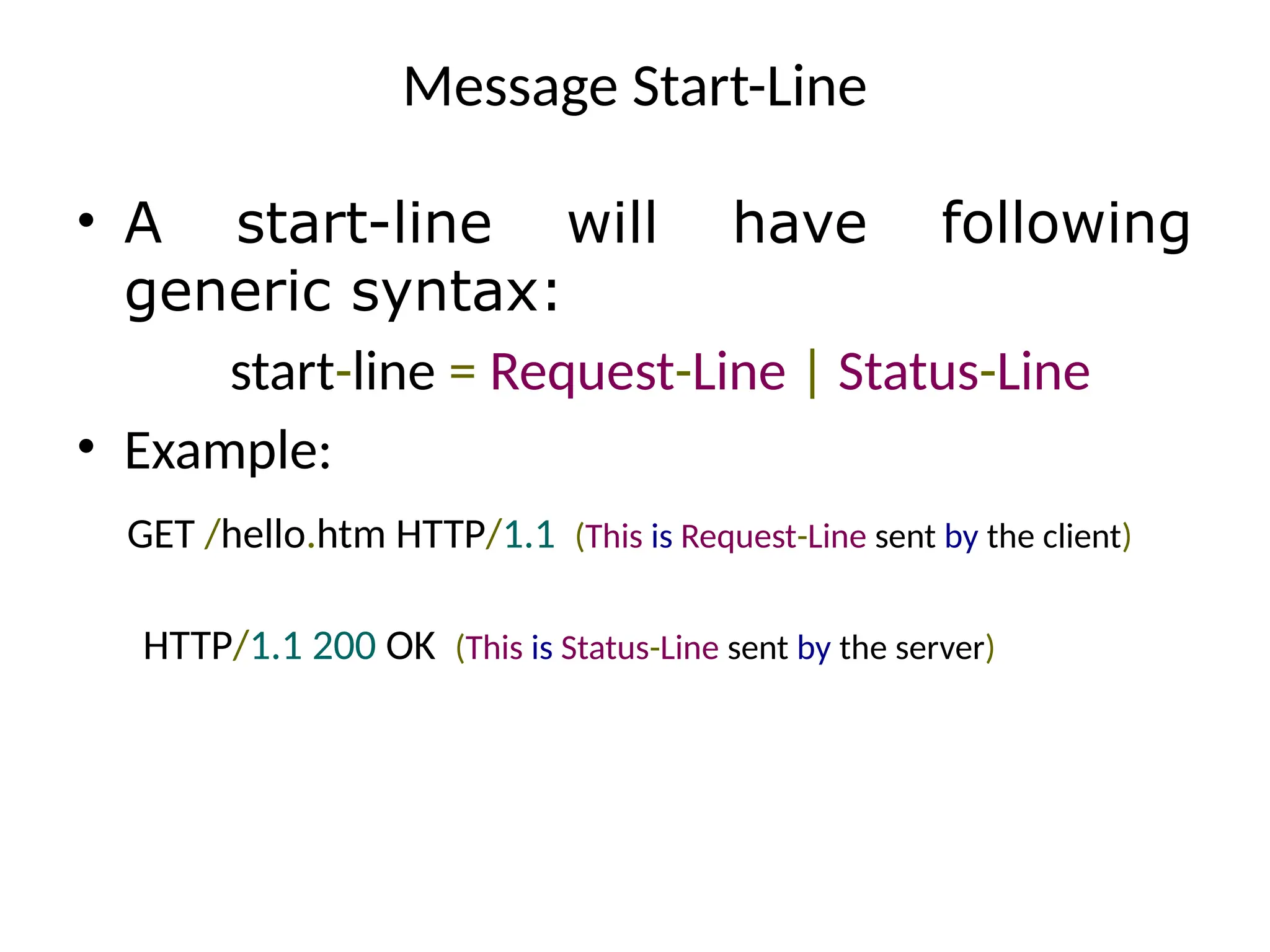 Message Start-Line
• A start-line will have following
generic syntax:
start-line = Request-Line | Status-Line
• Example:
GET /hello.htm HTTP/1.1 (This is Request-Line sent by the client)
HTTP/1.1 200 OK (This is Status-Line sent by the server)
 