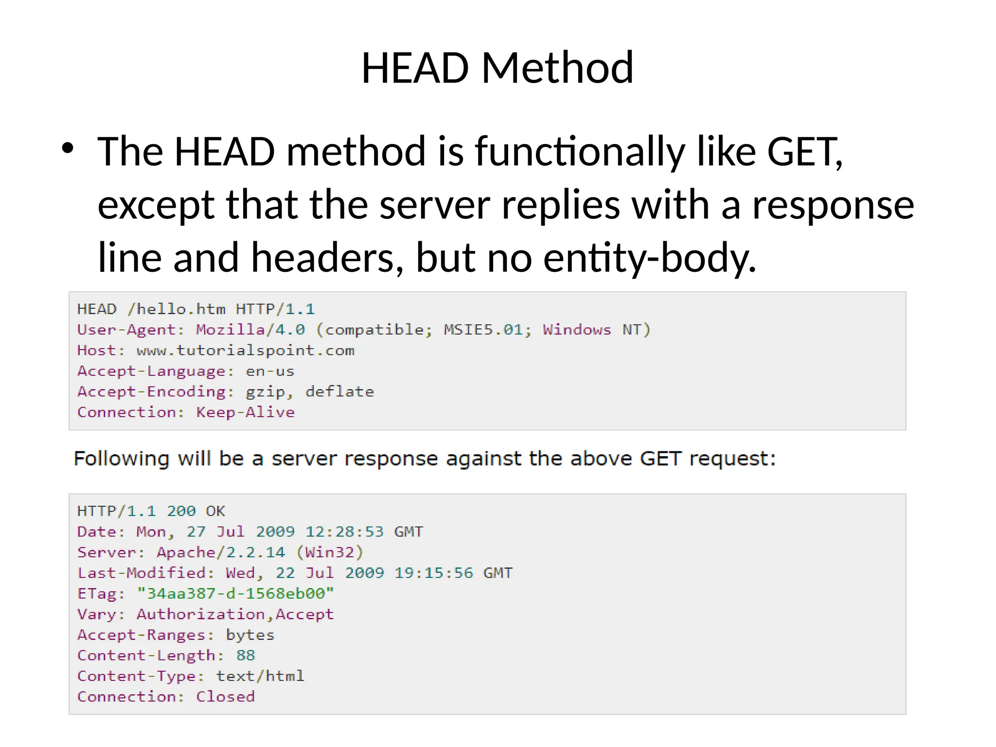 HEAD Method
• The HEAD method is functionally like GET,
except that the server replies with a response
line and headers, but no entity-body.
 