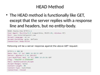 HEAD Method
• The HEAD method is functionally like GET,
except that the server replies with a response
line and headers, but no entity-body.
 