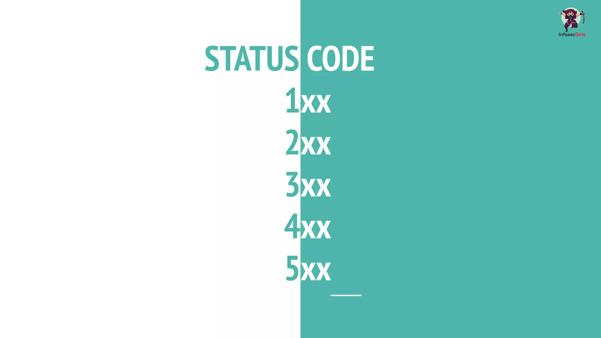 STATUS CODE
1xx
2xx
3xx
4xx
5xx
 