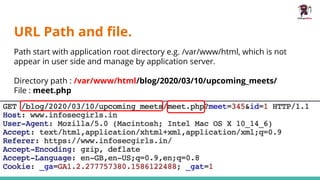 URL Path and ﬁle.
Path start with application root directory e.g. /var/www/html, which is not
appear in user side and manage by application server.
Directory path : /var/www/html/blog/2020/03/10/upcoming_meets/
File : meet.php
 