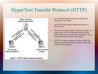HyperText Transfer Protocol (HTTP)

most popular application protocol used in the
Internet (or The WEB)

An HTTP client sends a request message to an
HTTP server

The server, in turn, returns a response message. In
other words, HTTP is a pull protocol, the client
pulls information from the server (instead of server
pushes information down to the client).

HTTP is a stateless protocol. In other words, the
current request does not know what has been done
in the previous requests.
 