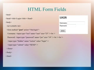 HTML Form Fields
<html>
<head><title>Login</title></head>
<body>
<h2>LOGIN</h2>
<form method="post" action="/bin/login">
Username: <input type="text" name="user" size="25" /><br />
Password: <input type="password" name="pw" size="10" /><br /><br />
<input type="hidden" name="action" value="login" />
<input type="submit" value="SEND" />
</form>
</body>
</html>
 