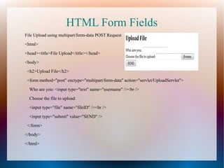 HTML Form Fields
File Upload using multipart/form-data POST Request
<html>
<head><title>File Upload</title></head>
<body>
<h2>Upload File</h2>
<form method="post" enctype="multipart/form-data" action="servlet/UploadServlet">
Who are you: <input type="text" name="username" /><br />
Choose the file to upload:
<input type="file" name="fileID" /><br />
<input type="submit" value="SEND" />
</form>
</body>
</html>
 